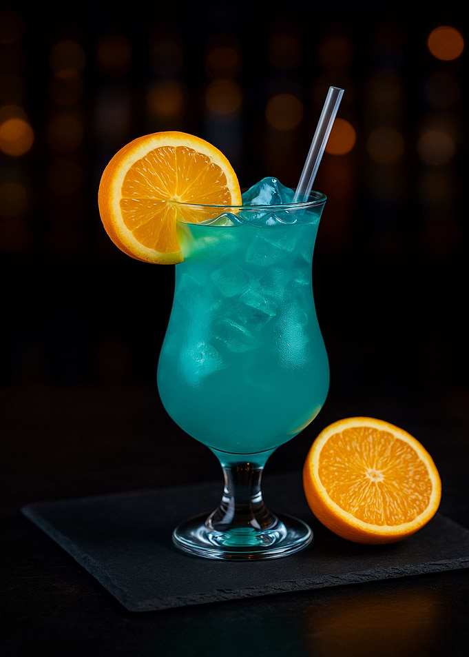 Blue Ice cocktail with orange slice garnish