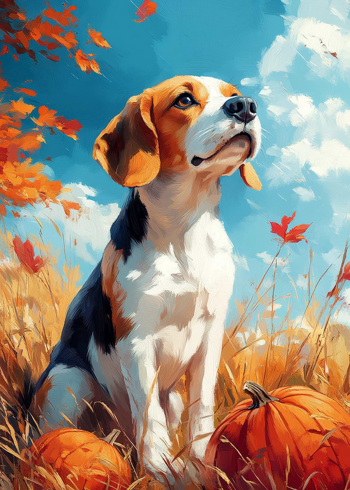 Beagle in Autumn with Pumpkins | Autumn Dog Print