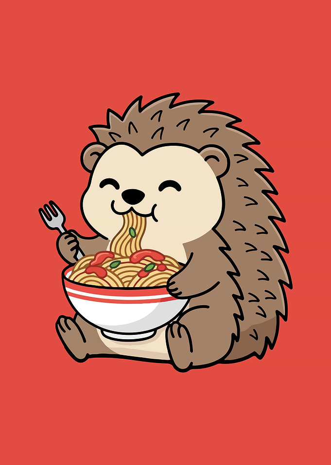 Cartoon Hedgehog Eating Spaghetti Illustration