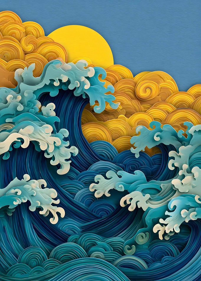Papercut Ocean Wave with Sun