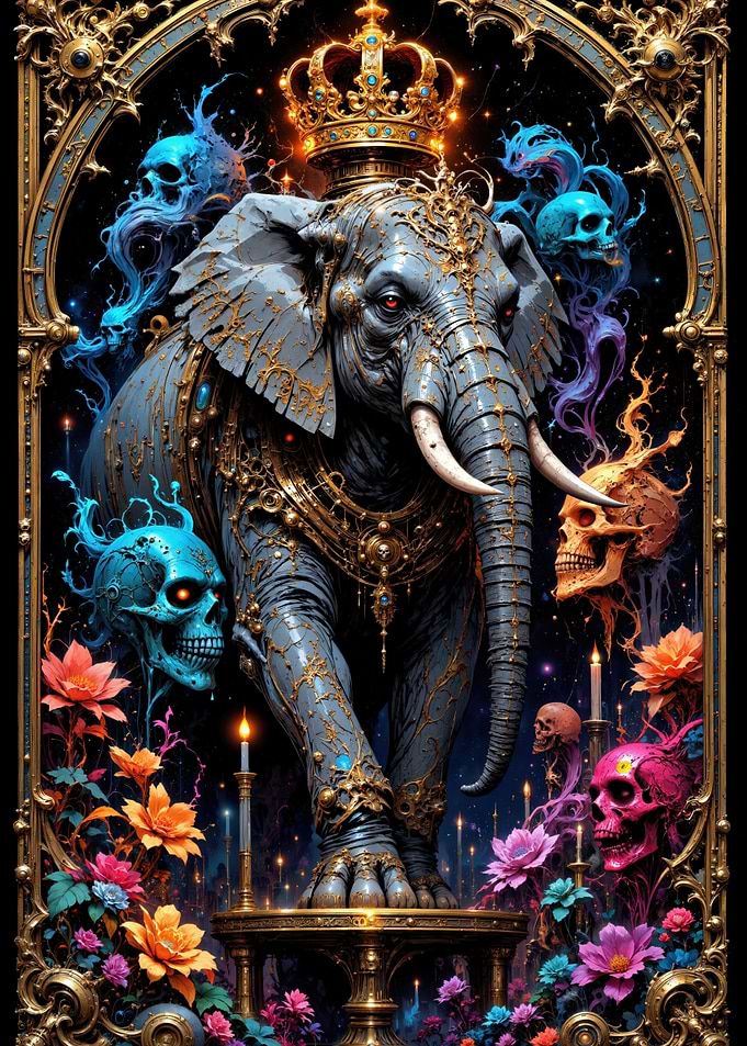 Crowned Elephant with Skulls and Flowers