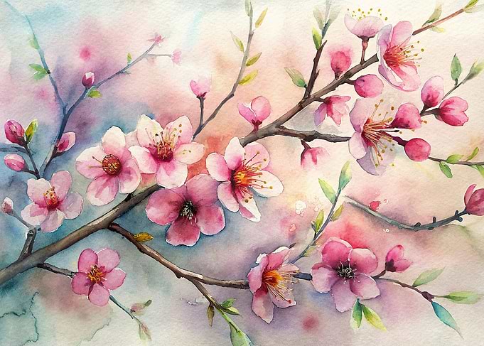 Watercolor Cherry Blossoms Floral Art