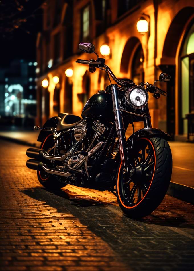 Black Motorcycle on City Street at Night