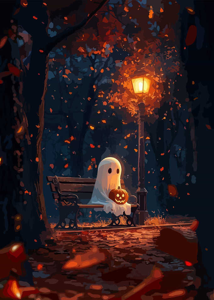 Ghost with Pumpkin on Park Bench