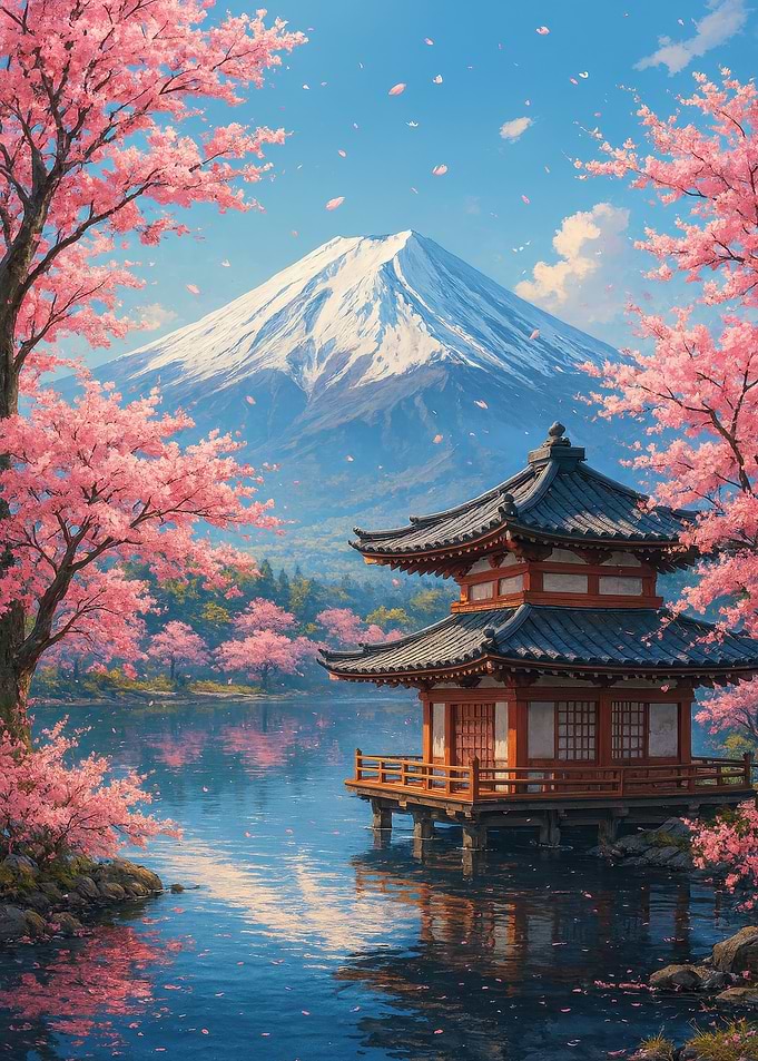 Japanese Pagoda with Cherry Blossoms and Fuji