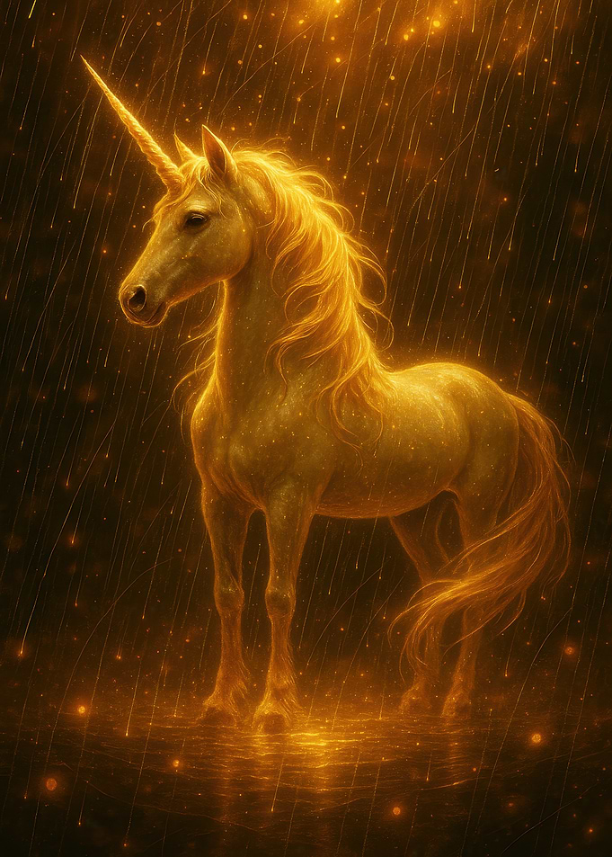 Golden Unicorn in Rain of Light