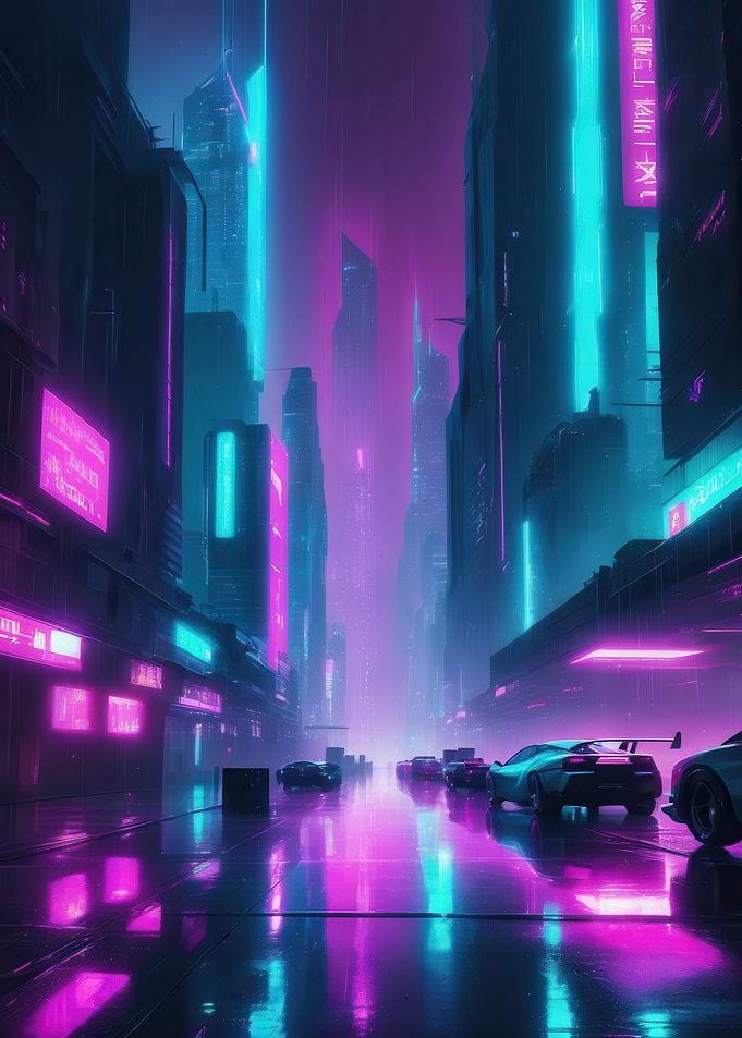Neon Night Drive — Cyberpunk Cityscape with Sleek Sports Cars