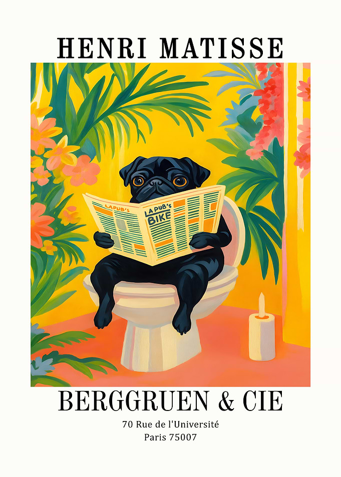 Pug Reading Newspaper on Toilet Art