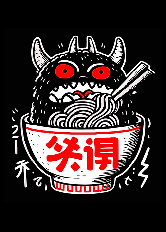 Monster eating ramen bowl illustration