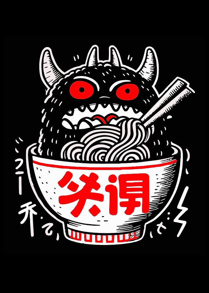 Monster eating ramen bowl illustration