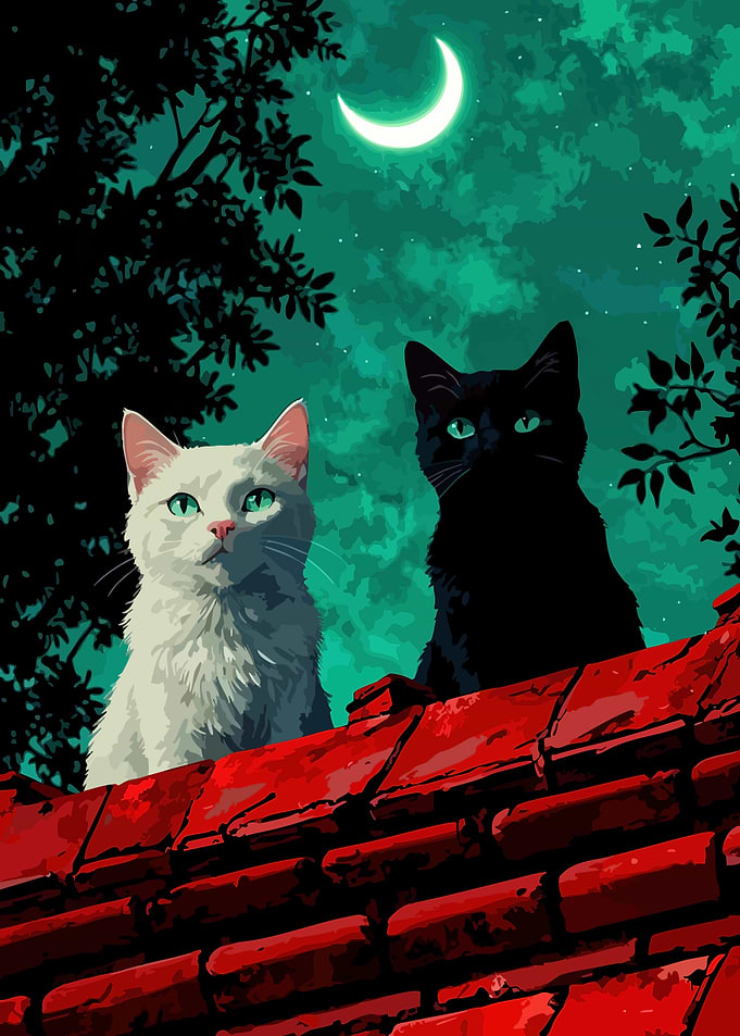 Cats on a Roof Under Moonlight