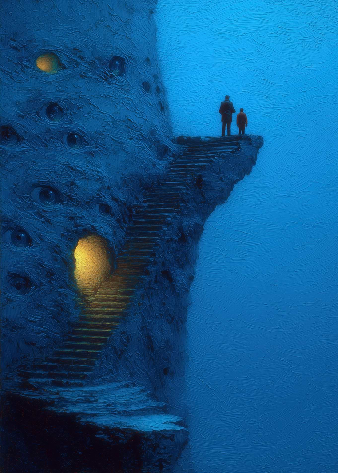 Surreal Cliffside with Figures and Eyes