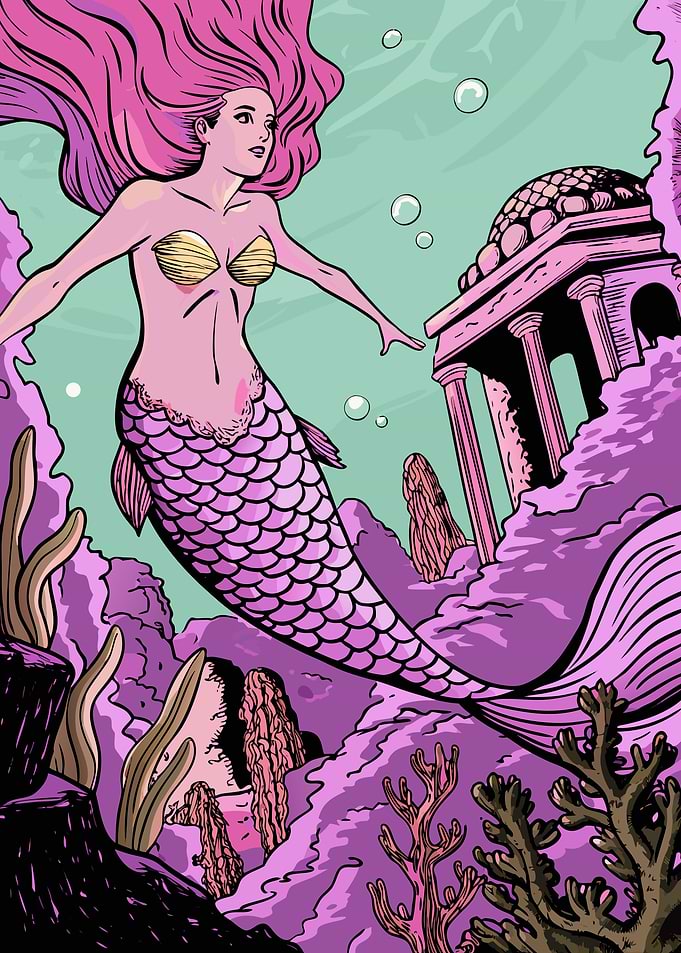 Mermaid in Underwater Ruins Illustration