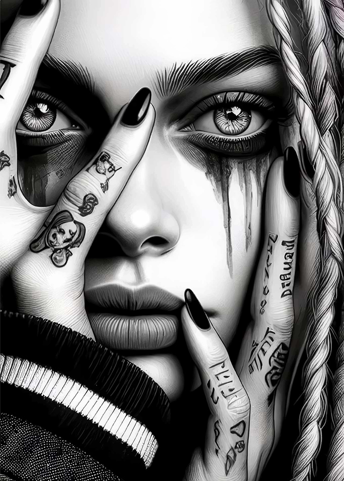 Monochrome Portrait with Tattoos and Braids