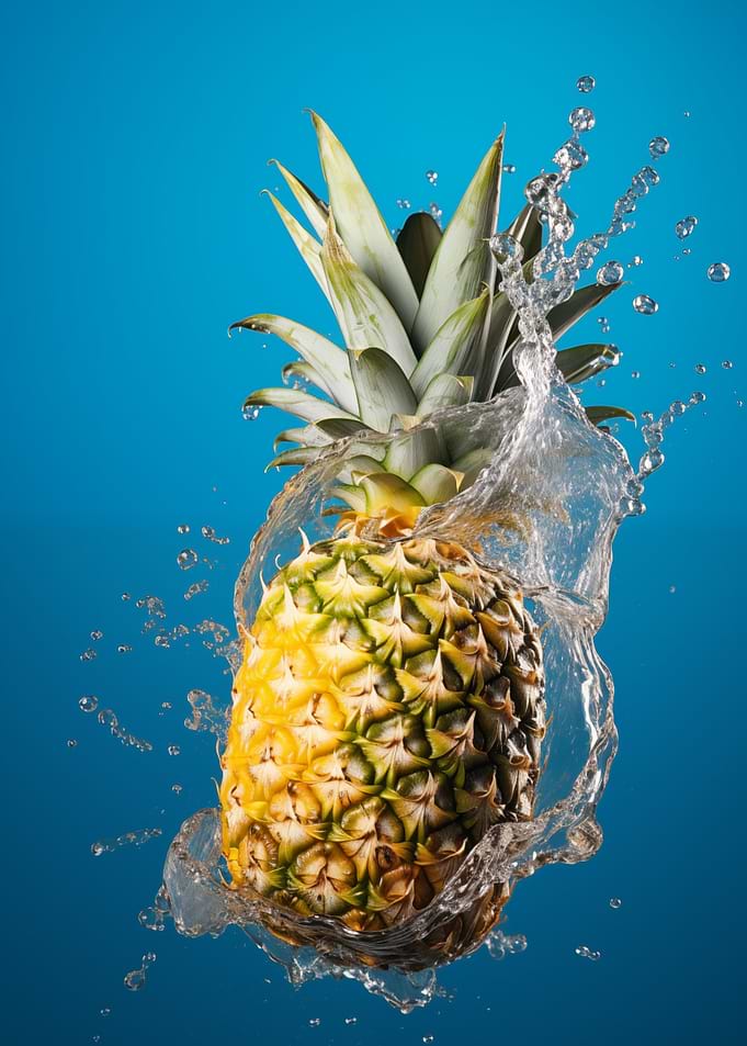 Pineapple Splash on Blue Background
