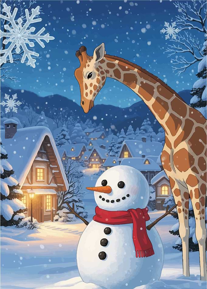 Giraffe and Snowman Winter Scene