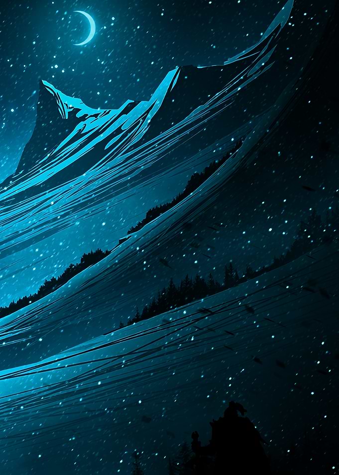 Night Mountain Landscape with Crescent Moon