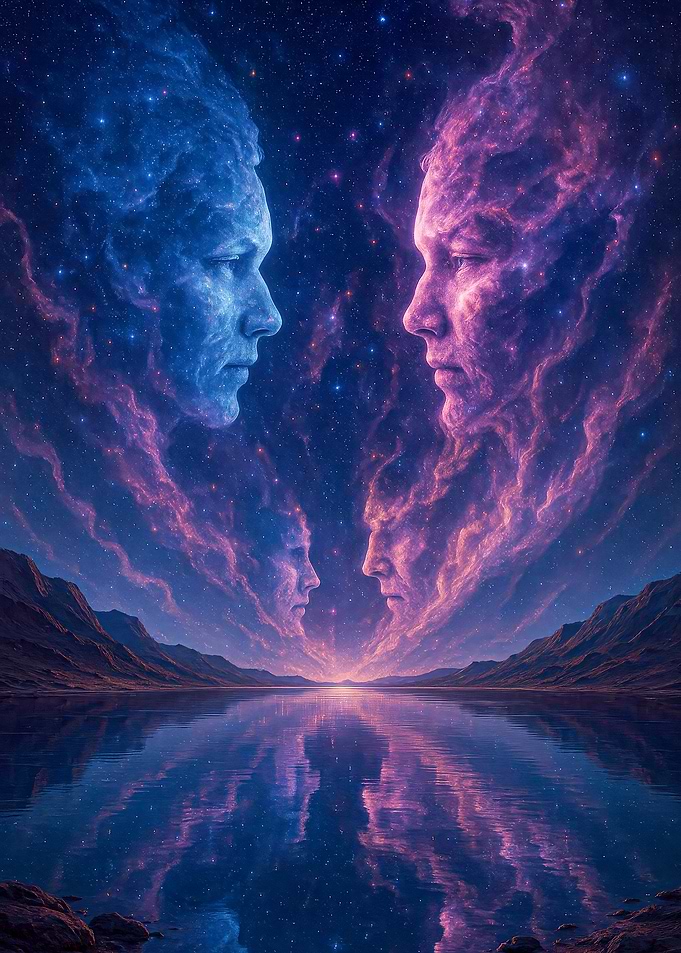 Fantasy Cosmic Faces Reflecting on Water