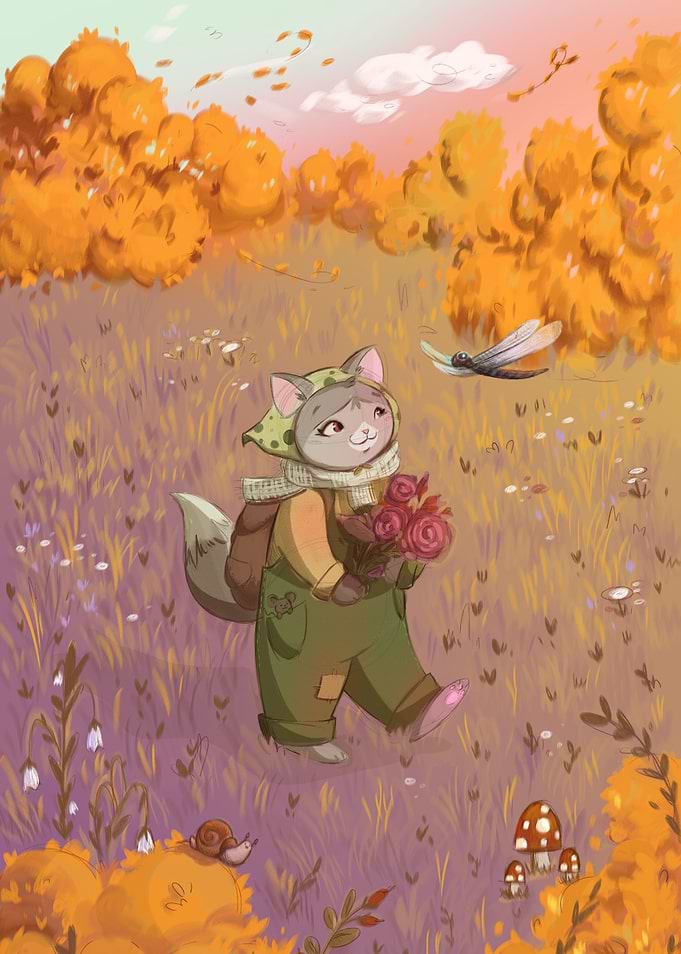 Autumn Cat with Flowers