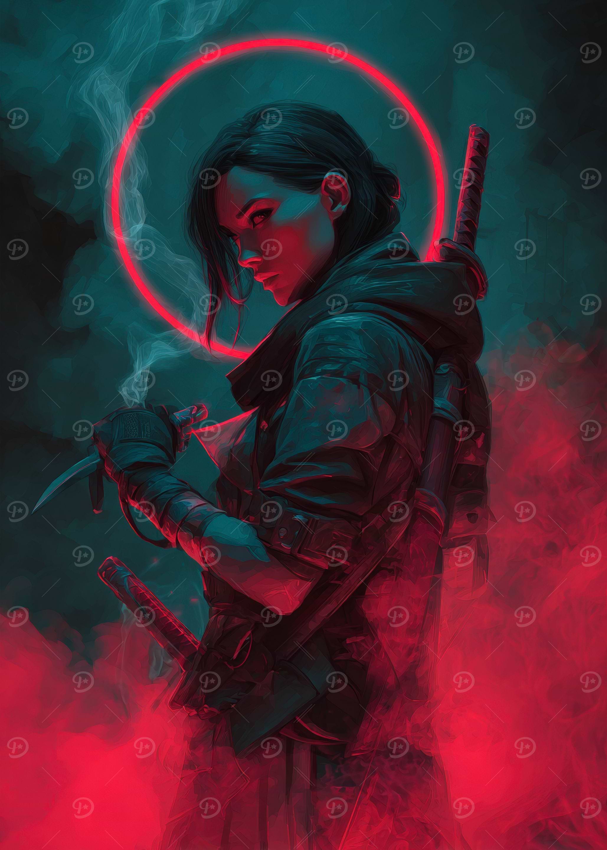 Cyberpunk Warrior with Katana and Knife