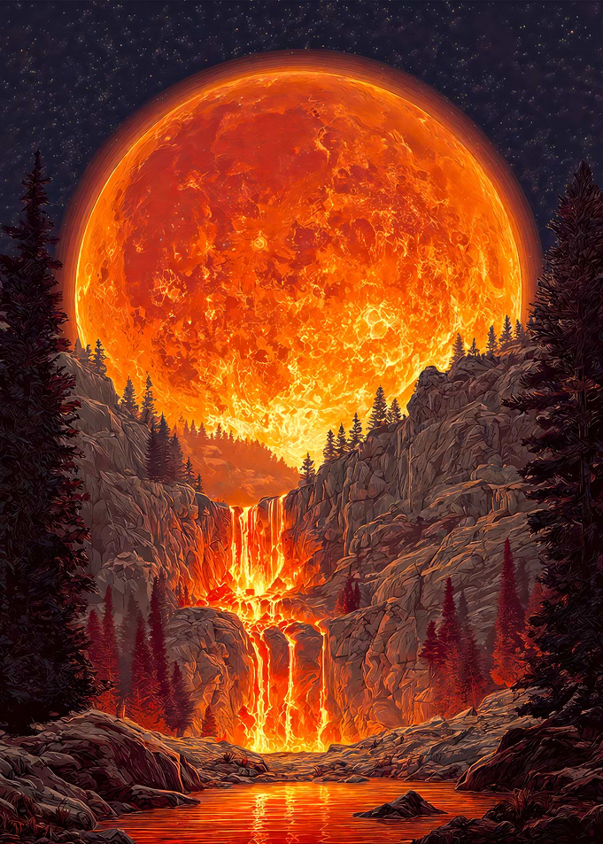 Fiery Moon Over Lava Waterfall