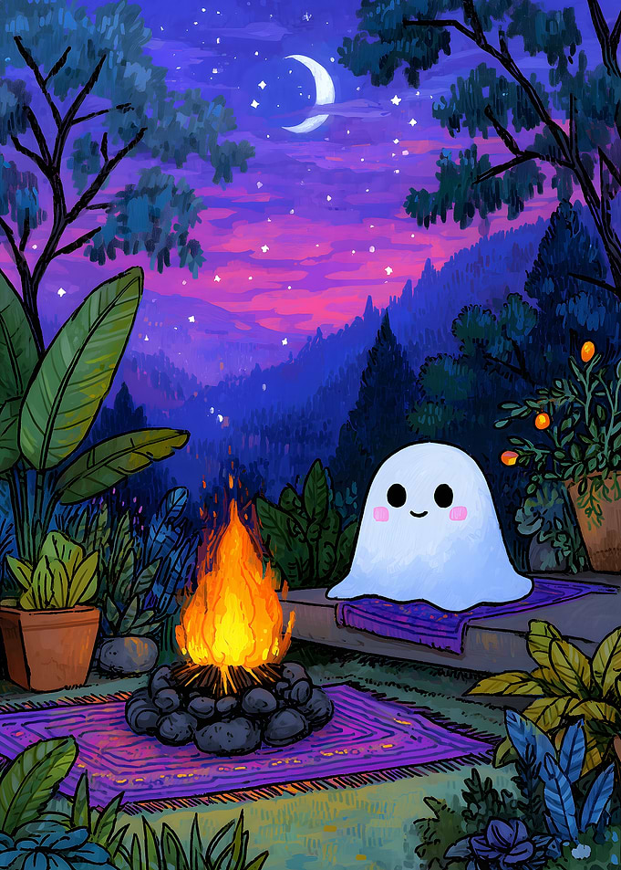 Cute Ghost Campfire Night Scene