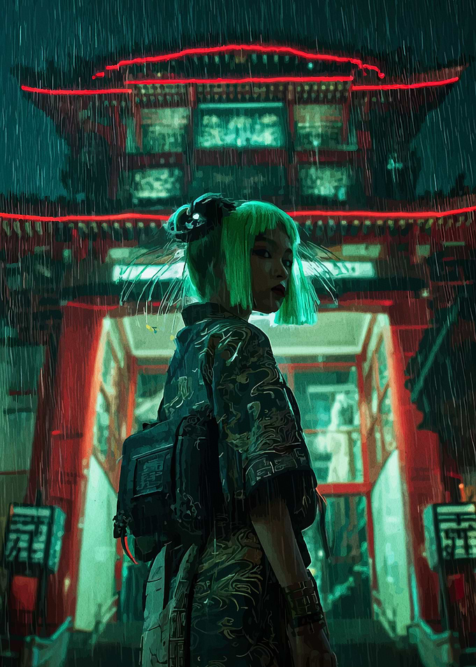 Cyberpunk Girl in Rainy Asian Cityscape