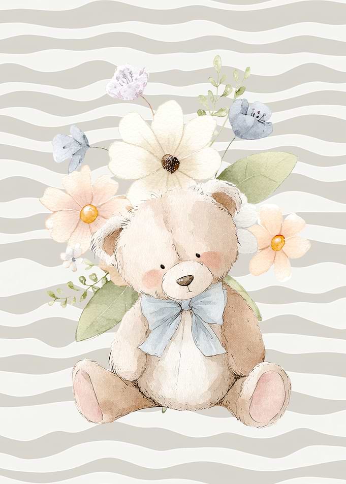 Watercolor Teddy Bear with Floral Accents