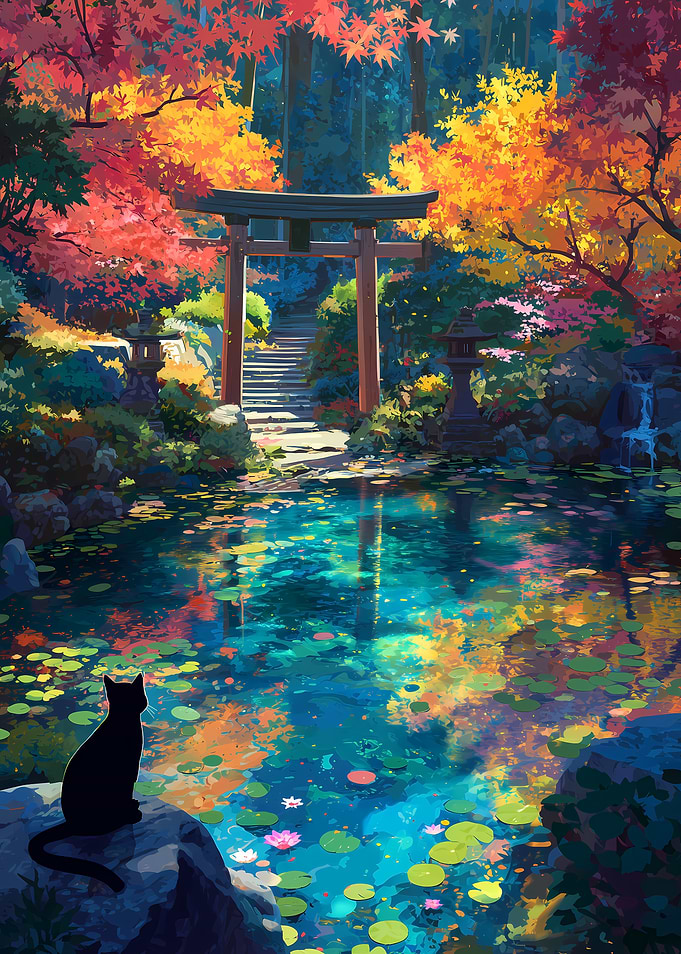 Autumn Shrine Japanese Black Cat