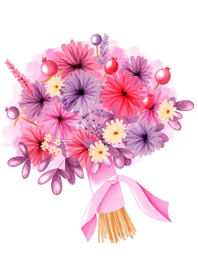 Watercolor Floral Bouquet with Pink Ribbon