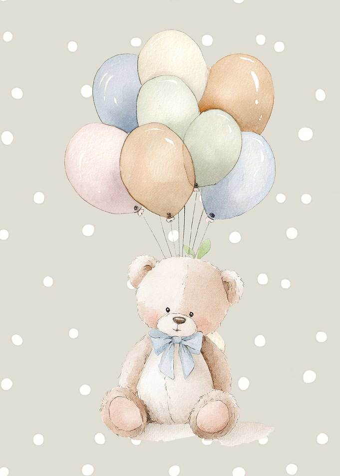 Watercolor Teddy Bear with Balloons