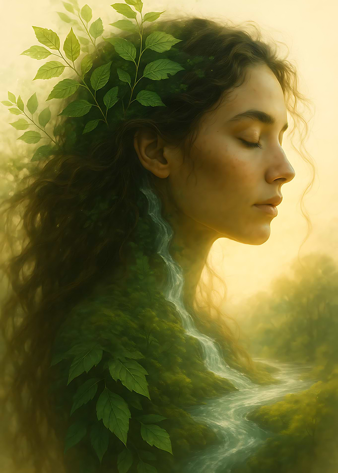 Earth Muse Portrait with Leafy Hair and Flowing River