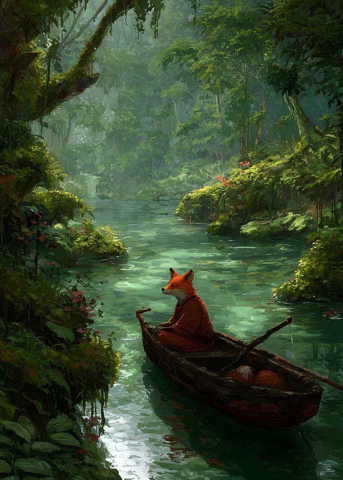 Fox in a boat on river