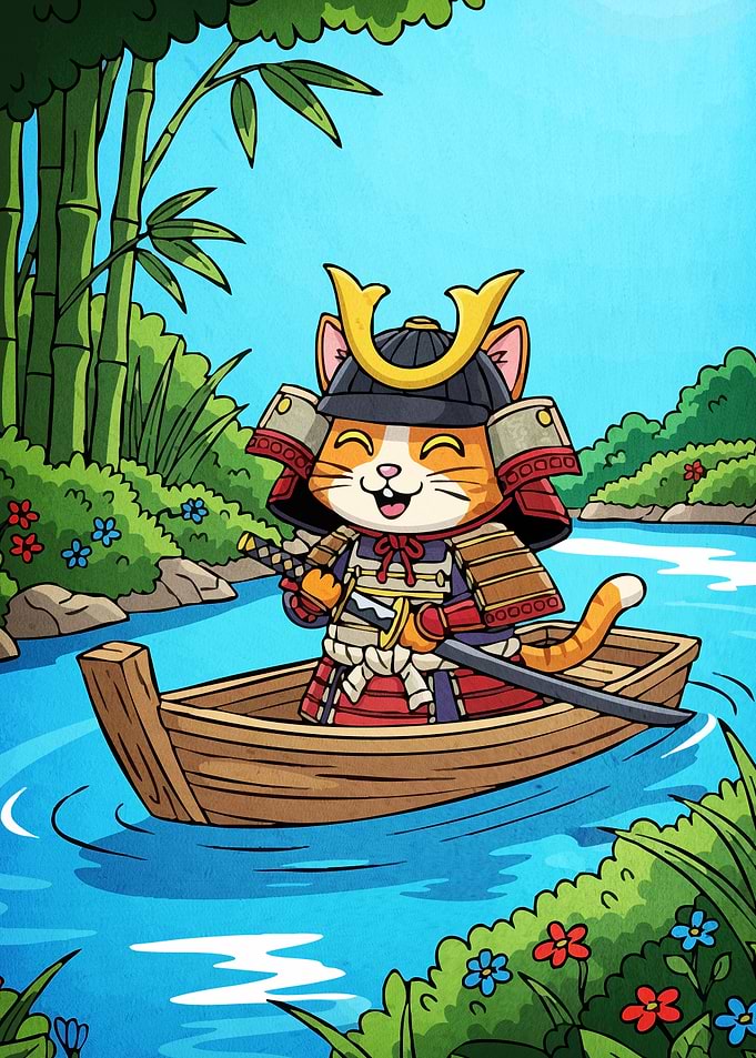 Samurai Cat Boat Cartoon
