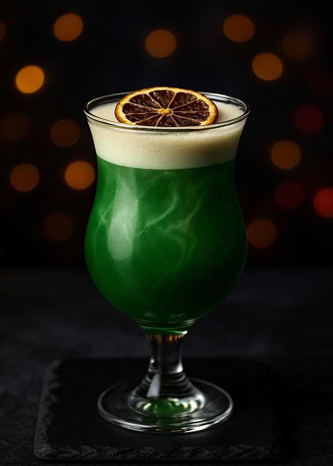 Green Cocktail with Orange Slice Garnish