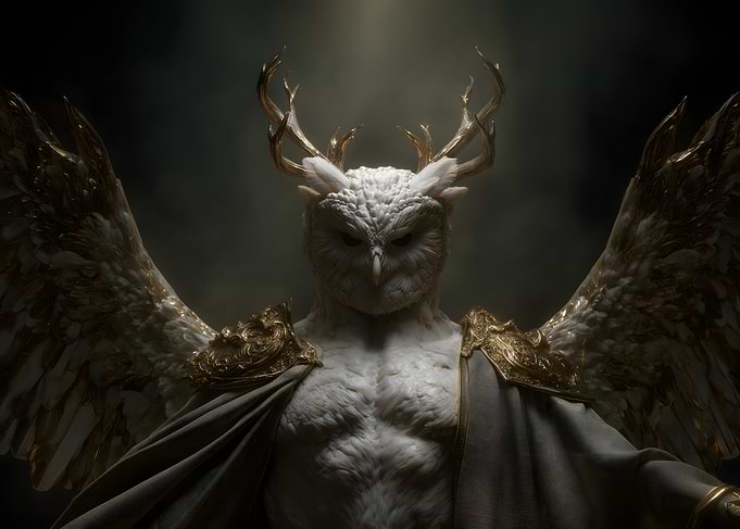 Owl-Human Hybrid with Antlers and Wings