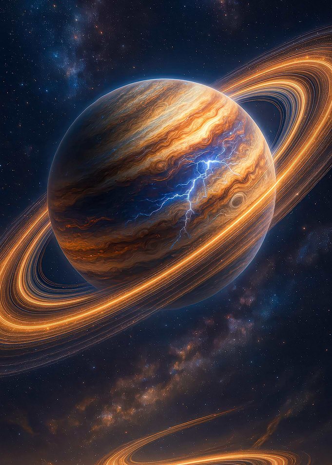 Ringed Planet with Lightning in Space