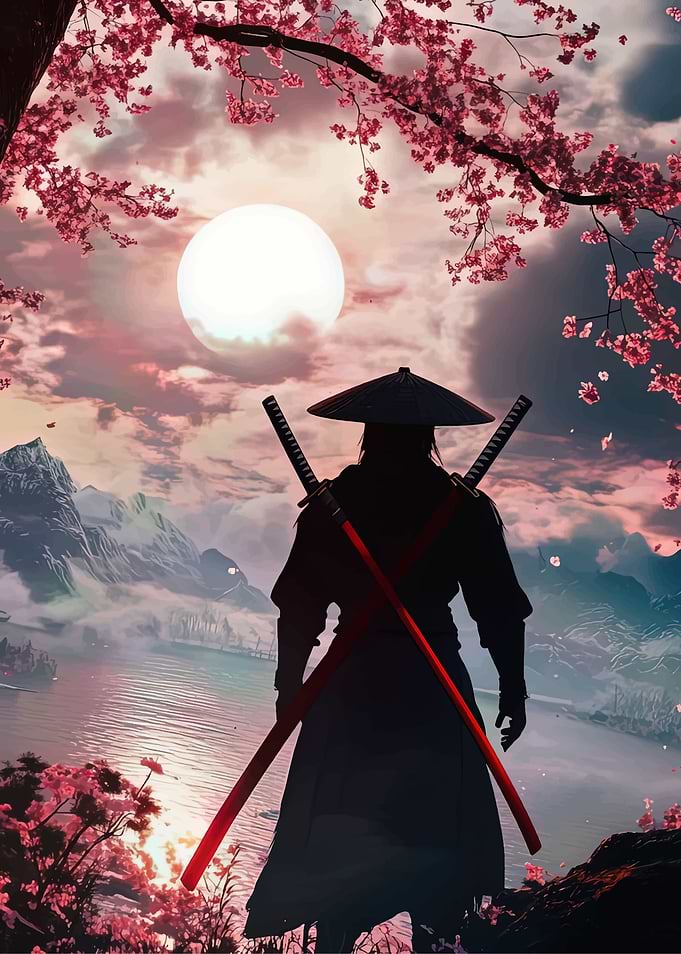 Samurai Silhouette with Cherry Blossoms