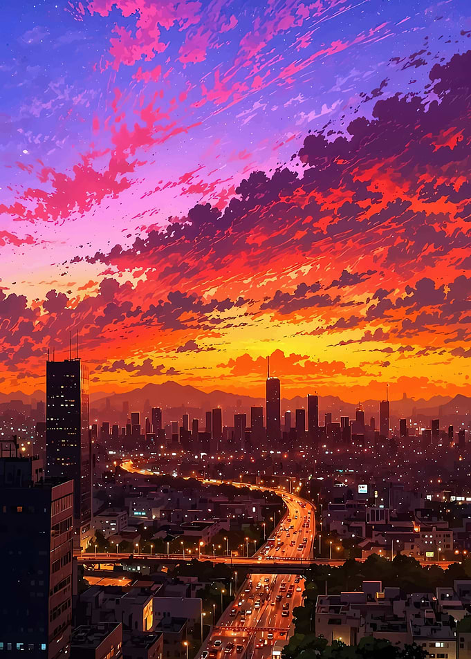 Cityscape at Sunset Anime Style