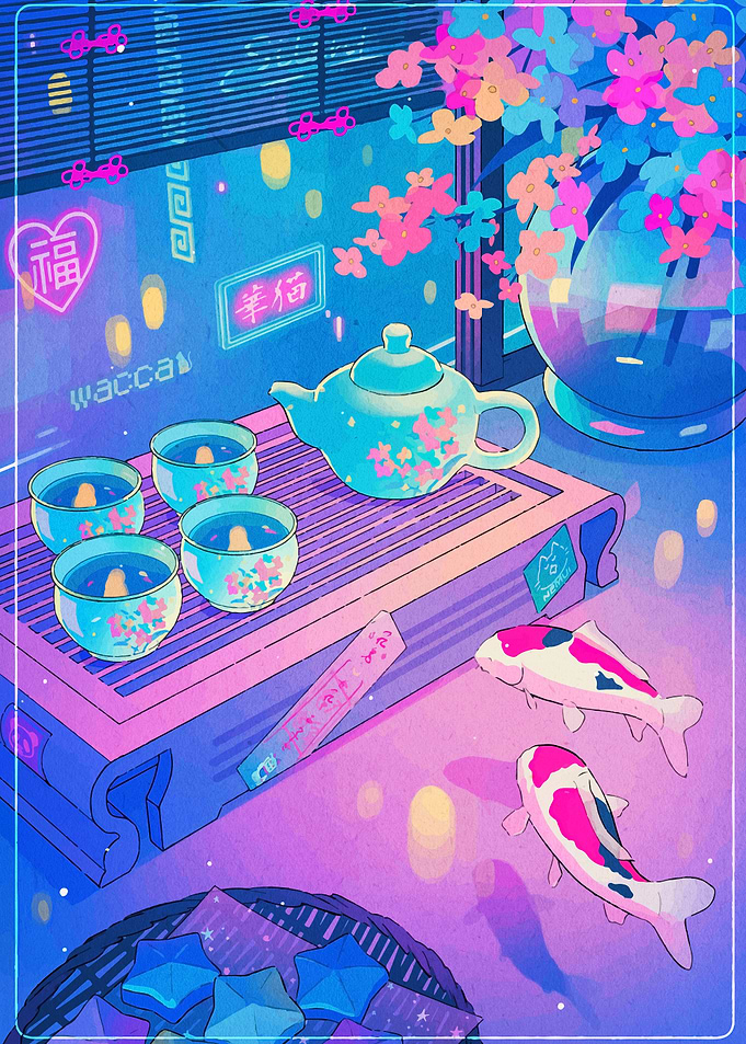 Vaporwave Tea Ceremony with Koi