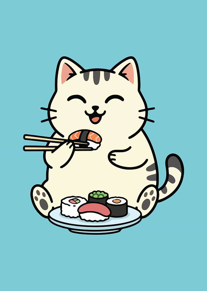 Cute Cat Eating Sushi Illustration