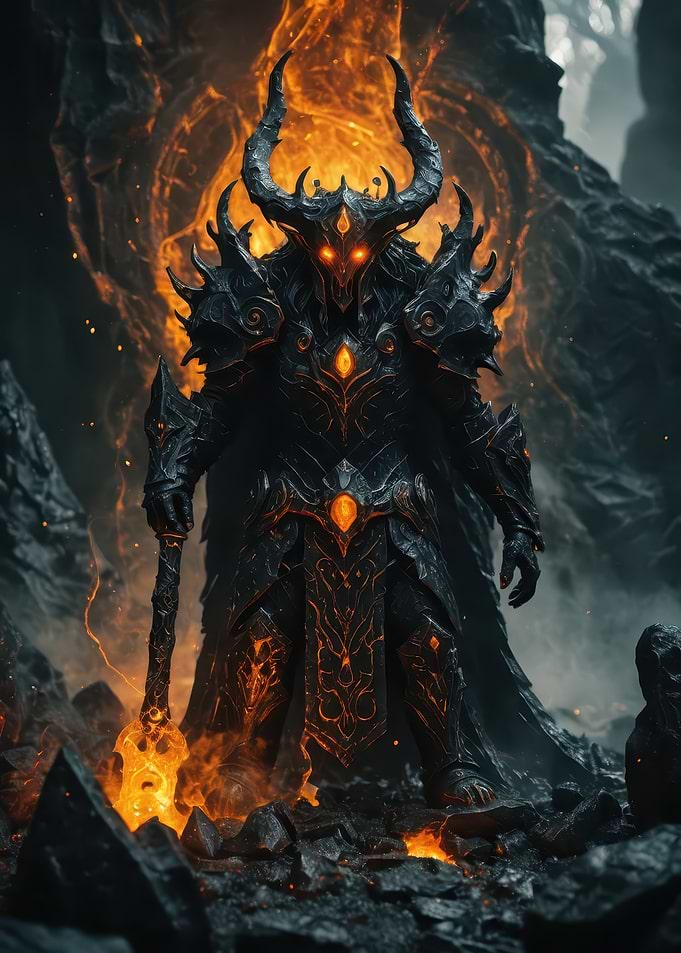 Obsidian Warlord — Horned Demon Knight in Molten Armor