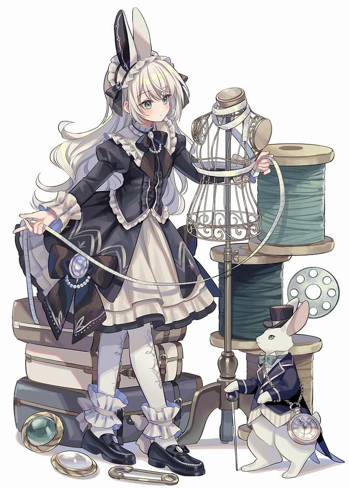 Anime Girl with Bunny Ears and Sewing