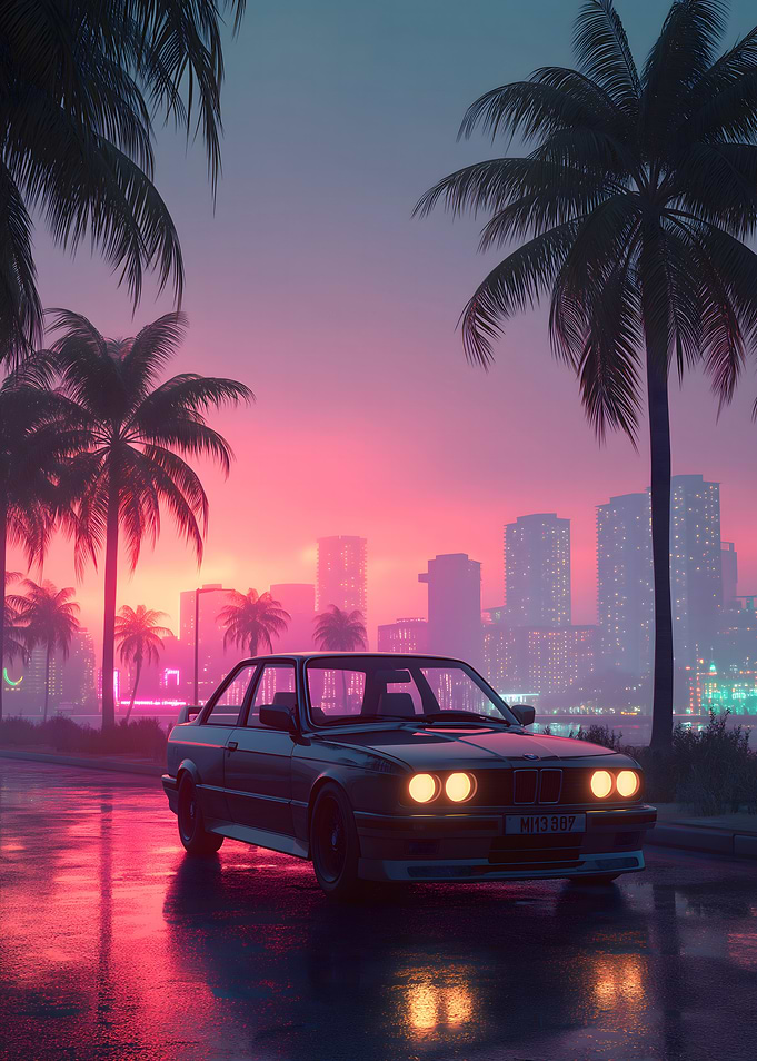 Retro Car on Neon Lit Street