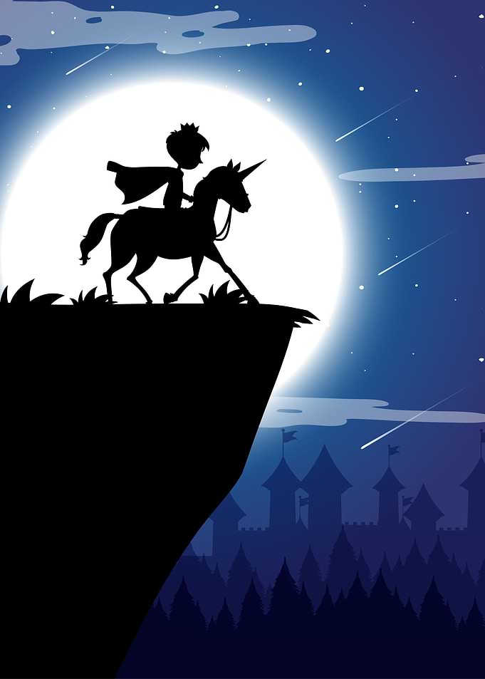 Silhouette of Prince on Unicorn at Night