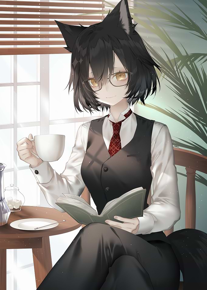 Anime Wolf Girl Reading and Drinking