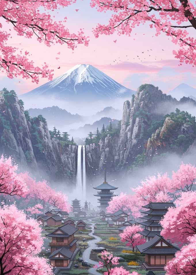 Japanese Landscape with Cherry Blossoms