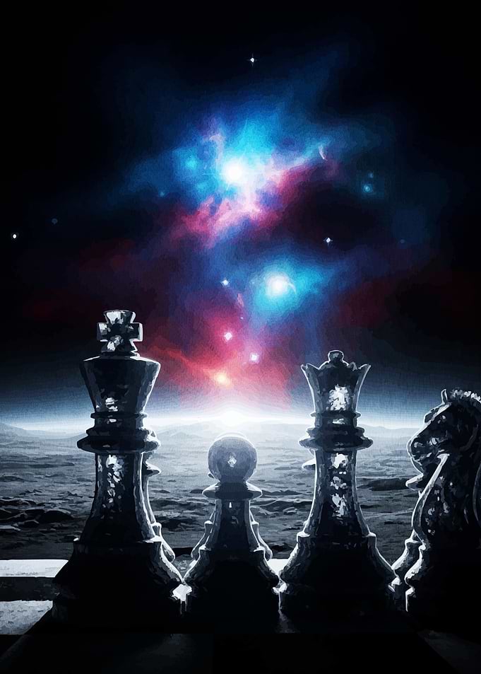 Chess pieces against cosmic
