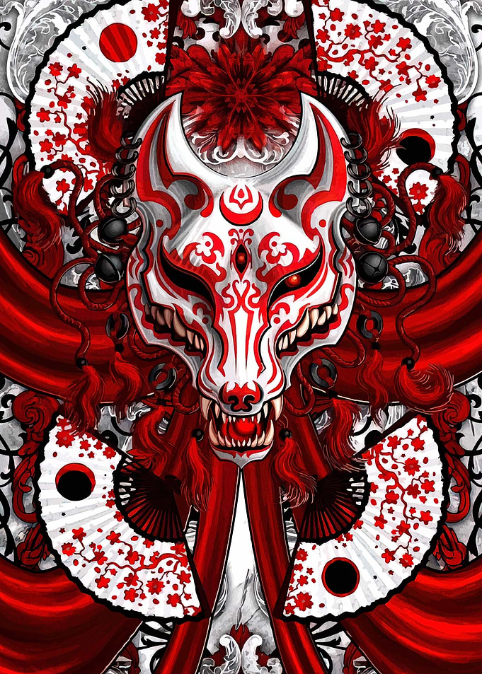 Red and White Kitsune Mask Art