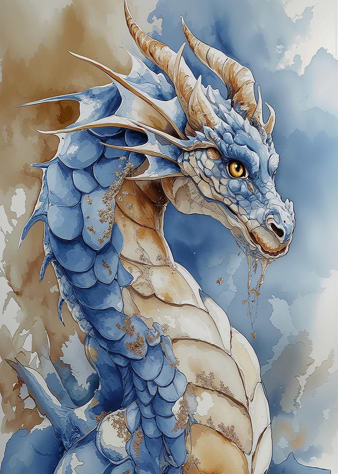 Watercolor Blue Dragon Portrait